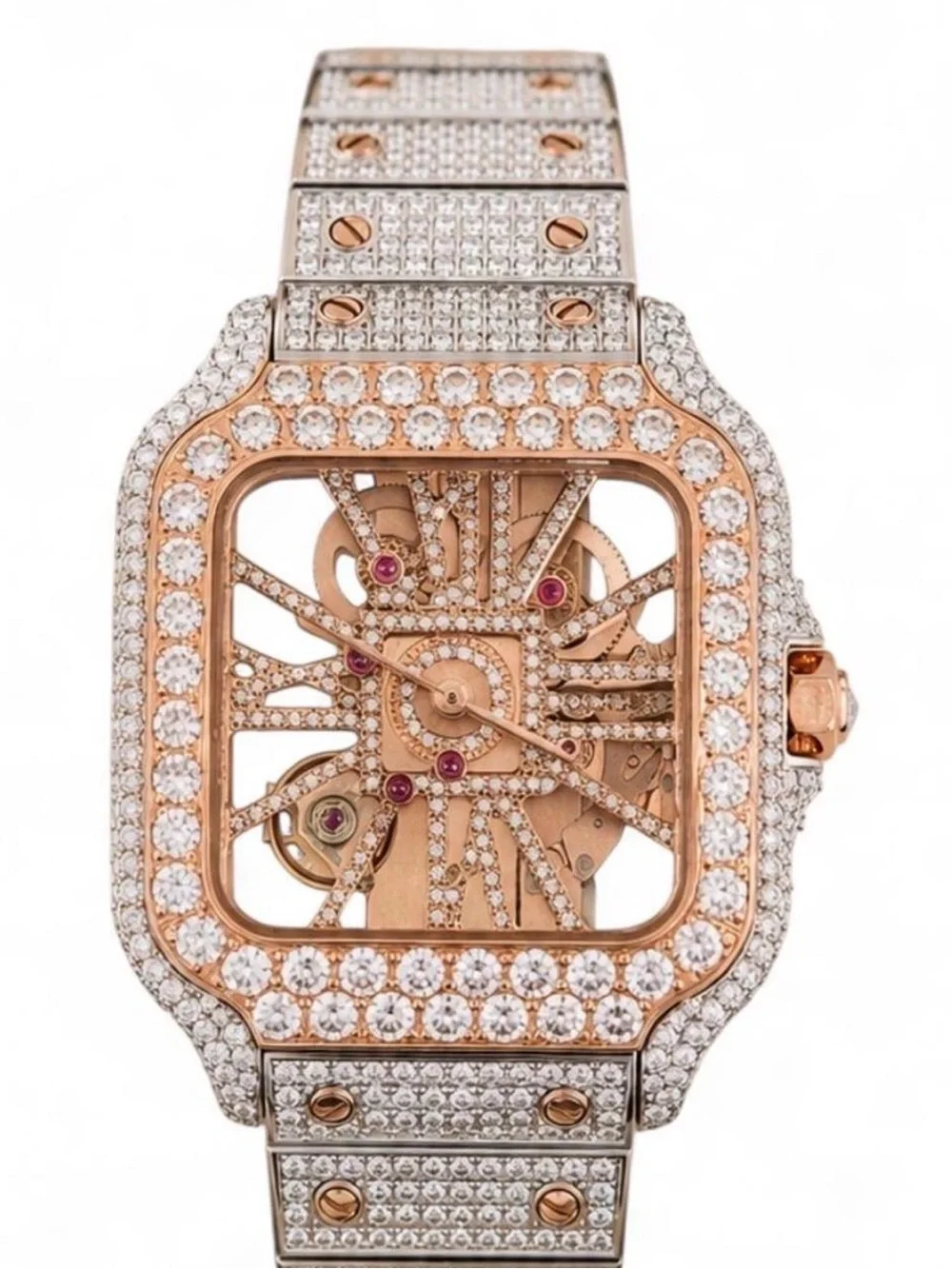 Rose Gold Moissanite Skeleton Automatic Watch Stainless Steel Open Dial